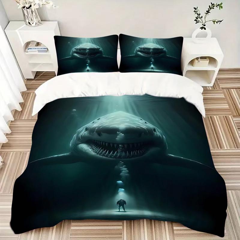 3pcs Giant Shark Duvet Cover Set with One Quilt Cover and Two Pillowcases (No Core) - Anime Cartoon Design, Perfect for Bedroom and Guest Room Decorat
