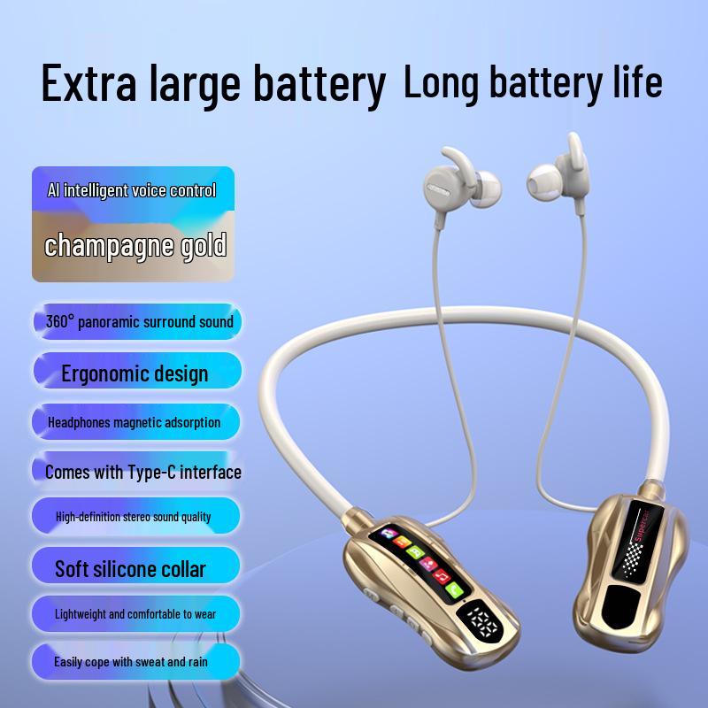 M101S Bluetooth Neckband Earphones with Long Battery, TF Card Support, Karaoke, and Back-In Ear Design.