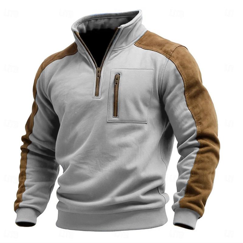 Autumn Winter Men's Stand Collar Pullover Sweatshirts Fashion Patchwork Sports Tops Male Casual Streetwear Pull on Hoodie