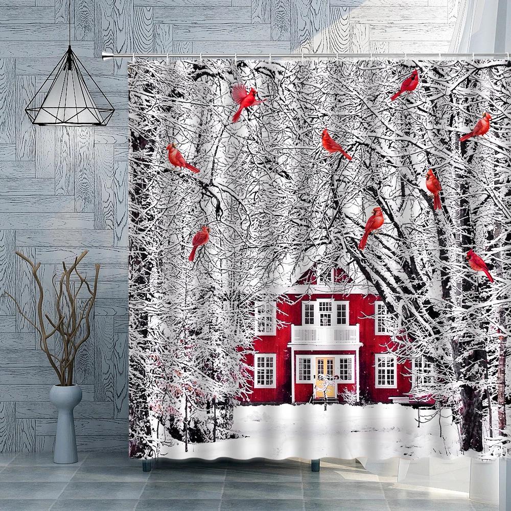 Christmas Shower Curtain Red Christmas Balls Branches Snowmen Gifts Snowflakes Fabric Bath Curtain Winter Bathroom Decor Sets