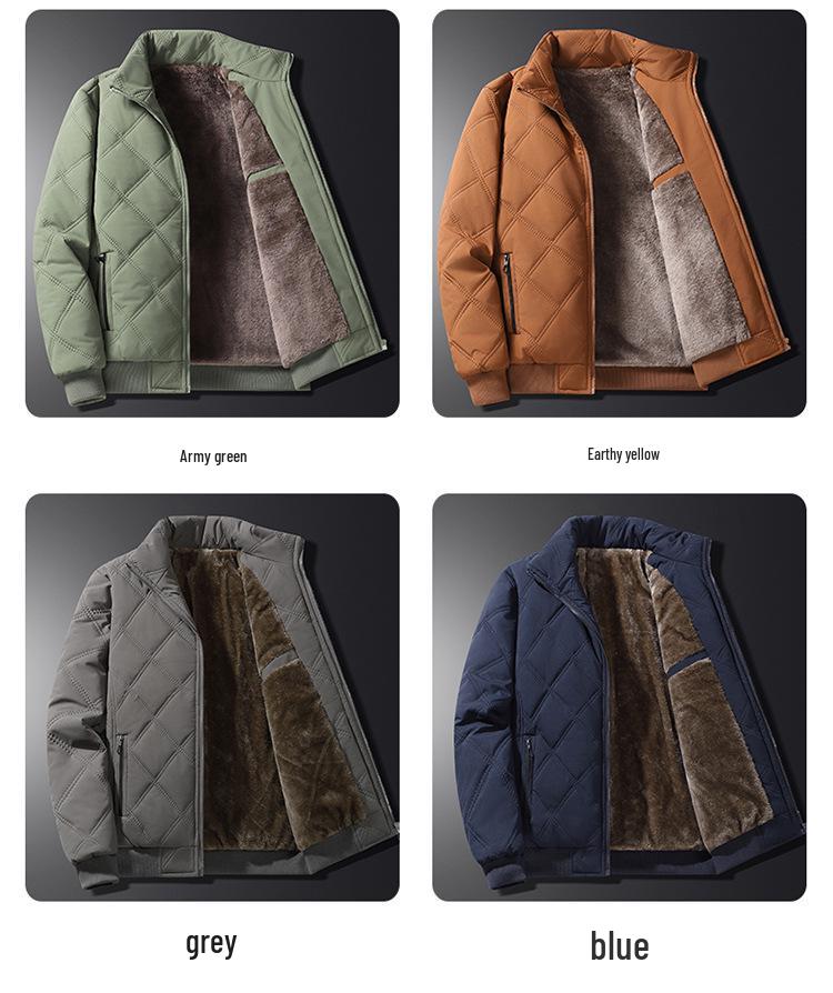 Men’s 2025 Winter Stand Collar Windproof Cotton Jacket - Thick Velvet, Middle-Aged Dad Style