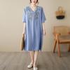 MOJTA Summer Embroidered Short-sleeved Dress Loose All-match Cotton Mid-length Skirt