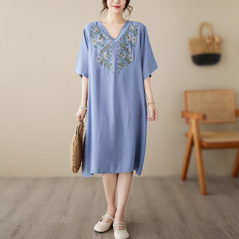 MOJTA Summer Embroidered Short-sleeved Dress Loose All-match Cotton Mid-length Skirt