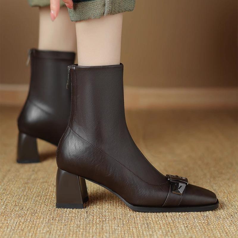 Осенне-зимние винтажные модные женские квадратные короткие сапоги из коровьей кожи — фото 5