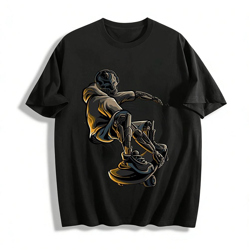 Cyber Mech Skull Skateboard Graphic Streetwear Casual Top Pure cotton T-shirt XXS