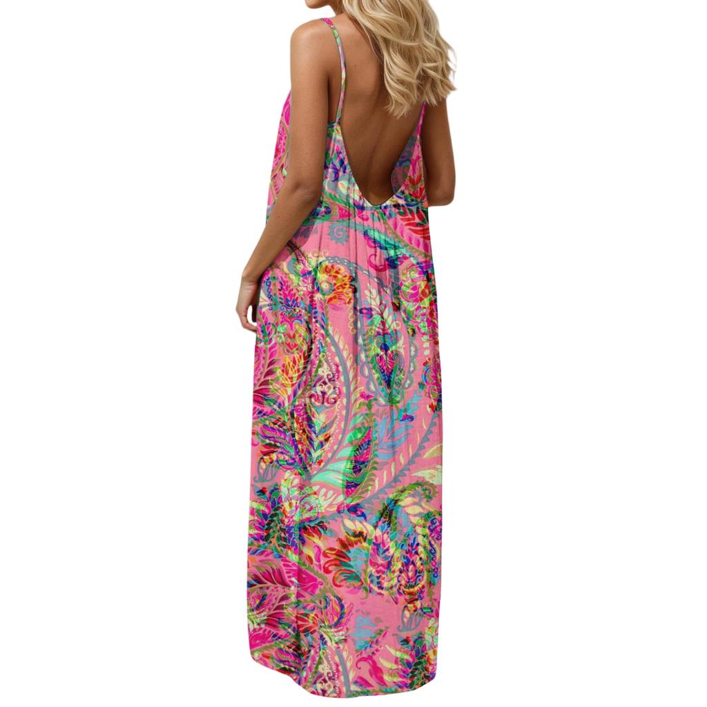 Women’s Maxi Dress Sleeveless Spaghetti Strap Loose Fit Floral Print Casual Long Sundress for Summer Beach Vacation