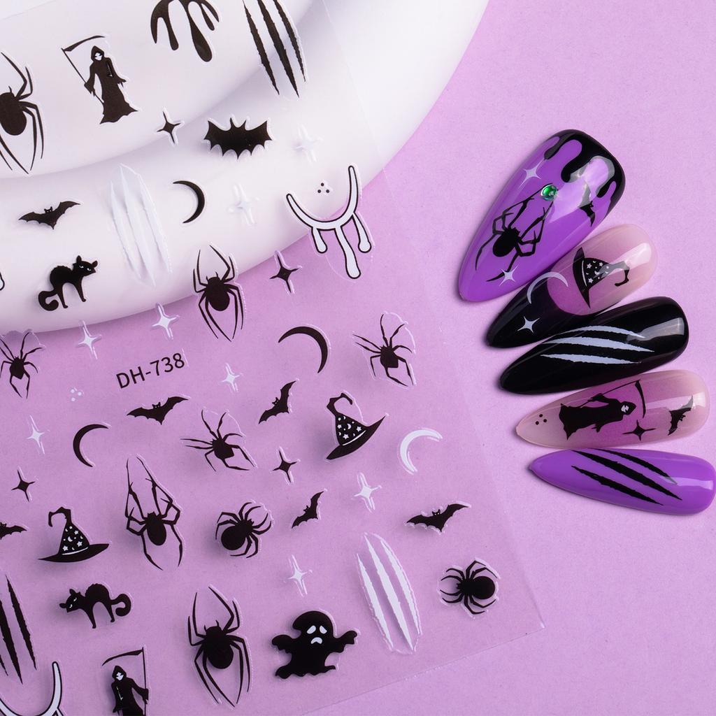 3D Halloween Nail Art Stickers Skull Pumpkin Bat Spider Web Design Nail Decals Punk Goth Style Stickers For Manicure DIY