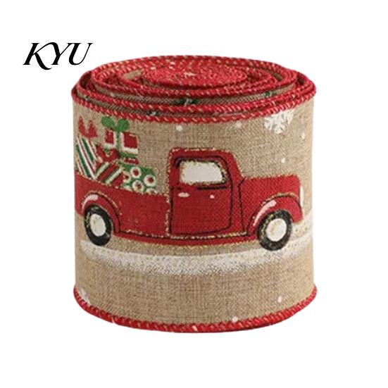 Vintage Style Christmas Ribbon 1 Roll Burlap for Gift Wrapping Tree Decor, Patterned Rustic Holiday Craft Imitation Linen Wired Fabric DIY Crafts And