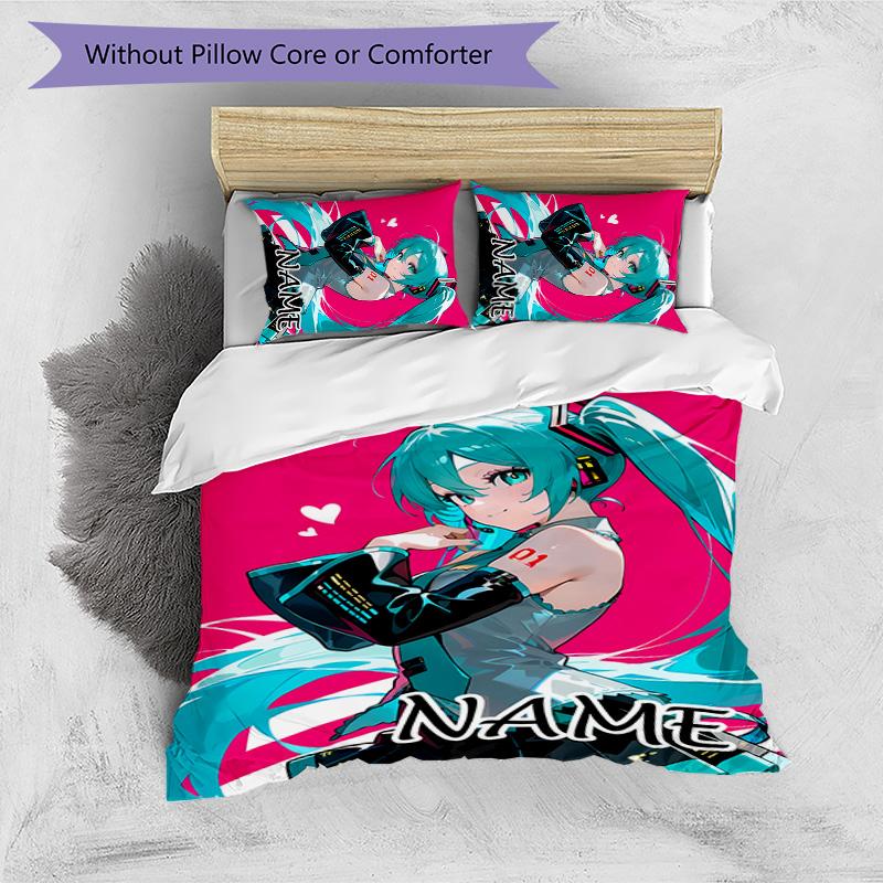 Set Copripiumino Hatsune Miku 3 Pezzi - Nome Personalizzato, Biancheria da Letto Stampata HD con 1 Copripiumino e 2 Federe - Perfetto per l'Arredamento della Casa, Facile da Curare