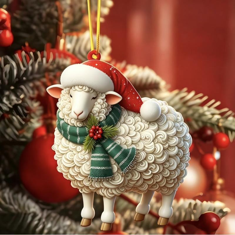 1Pcs Christmas Sheep 2D Acrylic Ornament with Santa Hat Scarf Lovely Xmas Tree Hanging Pendant for Winter Holiday Home Decor