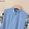 ZANZEA Women Casual Stand Collar Print Splice Half Sleeve Loose Blouse