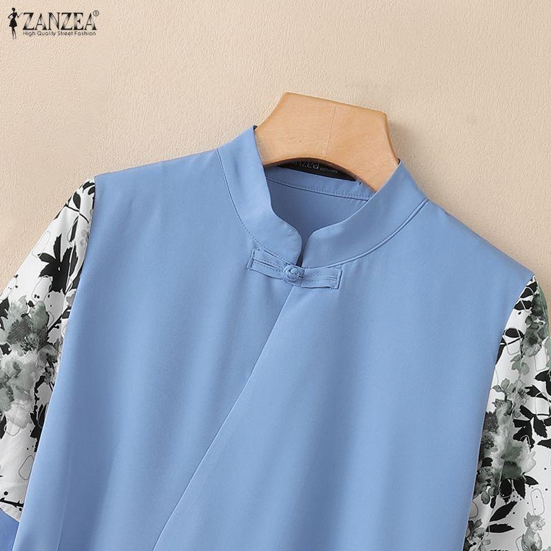 ZANZEA Women Casual Stand Collar Print Splice Half Sleeve Loose Blouse