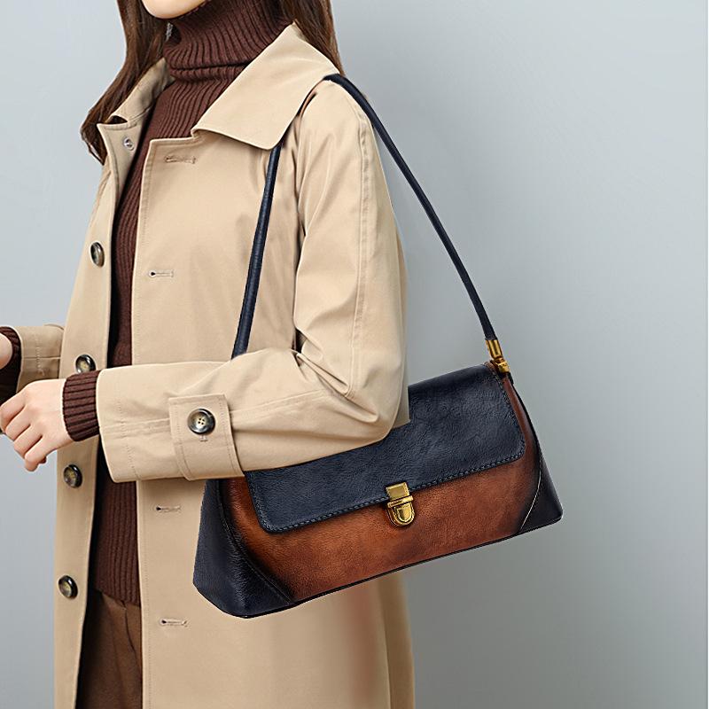 Underarm Baotou Layer Leather Countercolor Handbag Retro Simple Baguette Bag Retro Women's Bag
