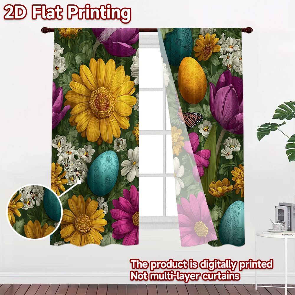 Moderne Flachdruck-Vorhänge ohne Stange Ostereier Blumen Modisches Vielseitiges Polyestergewebe Set aus 2 Stück Hergestellt