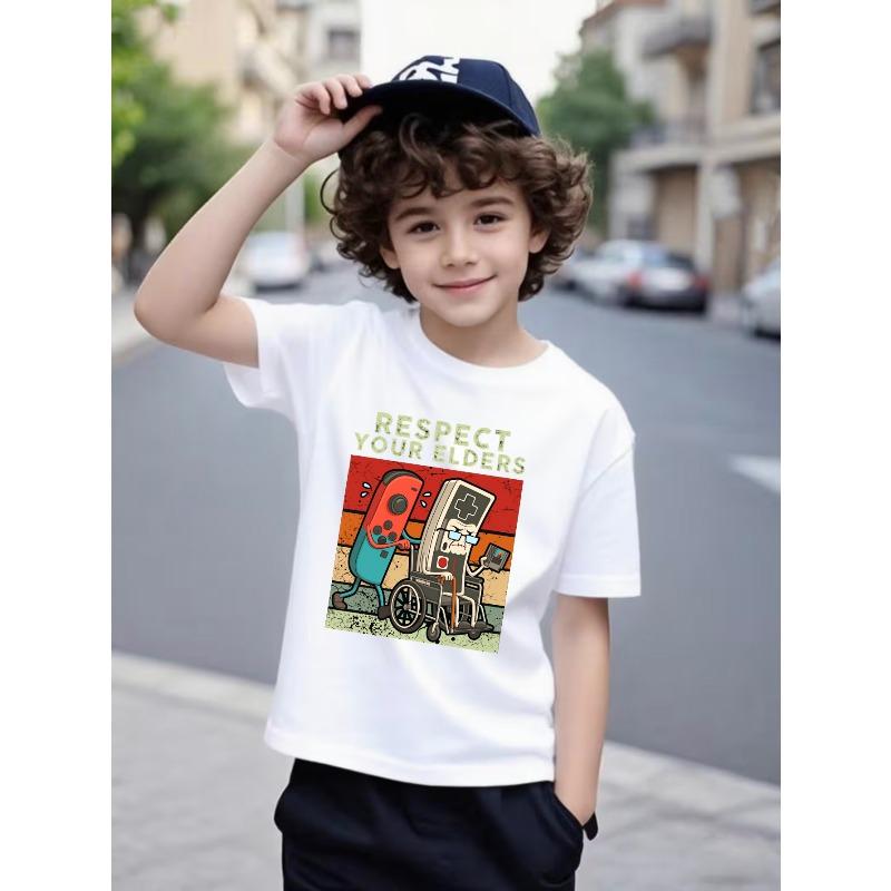 Boys Crew Neck Short Sleeve T-Shirt with Game Controller Print 110 белый