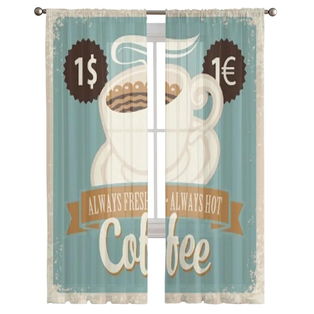 Kávový šálek Retro styl Tylové Průsvitné Závěsy do Obývacího Pokoje Pokoj Ložnice Kuchyně Dekorace Voálové Organzové Závěsy
