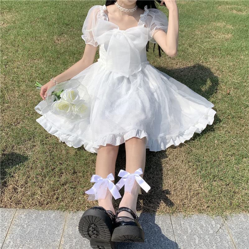 Lady Lazy Lolita Gothic Lolita Short Sleeve Chiffon Dress with Above the Cosplay Ribbon, Knee, (Size L, White)