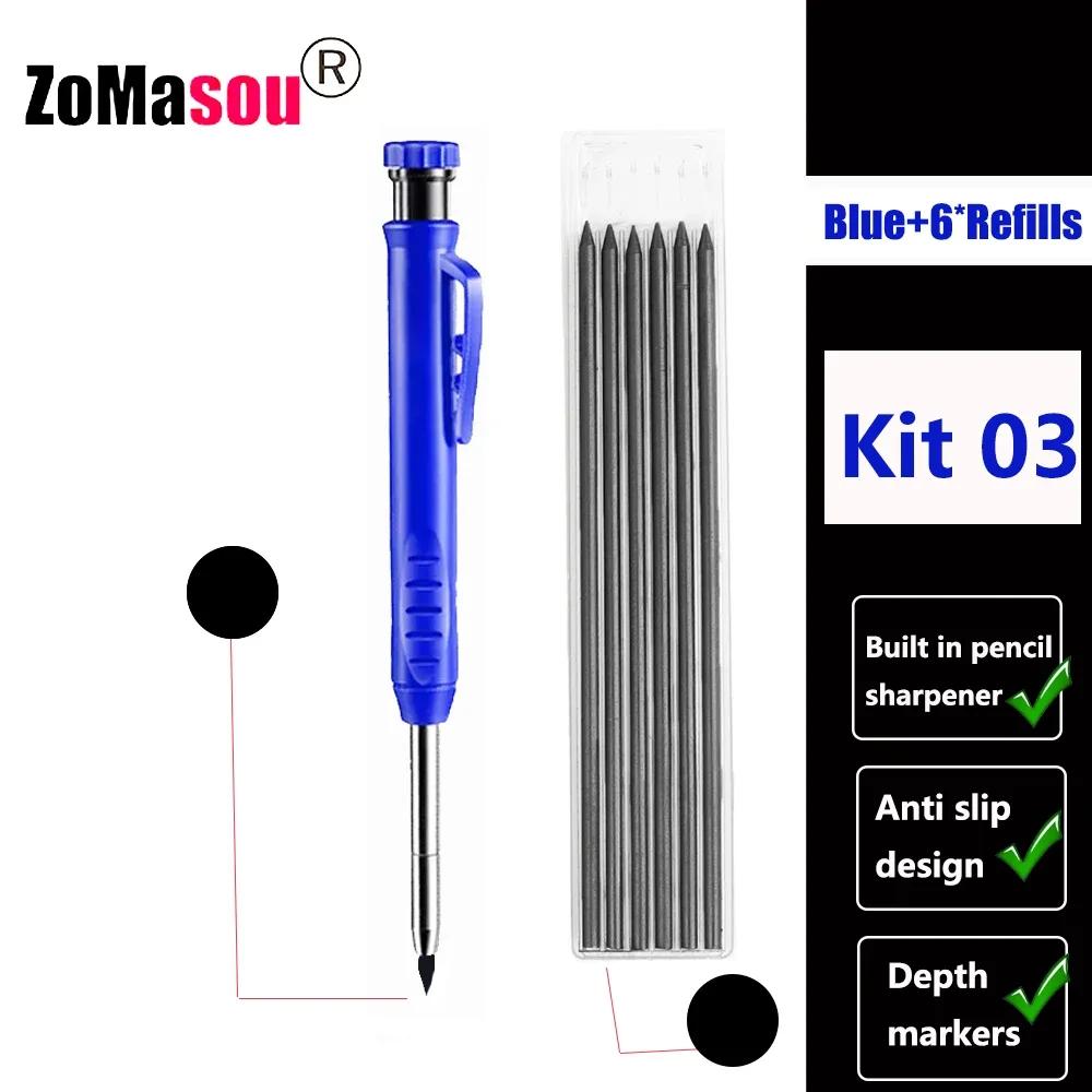 Reuseable Long Head Deep Hole Markers Pen Pencils Solid Carpenter Refill Leads Built-in Sharpener Woodwork Construction Tools