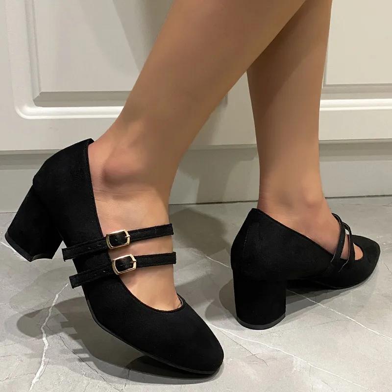 2025 New Shoes Female Buckle Strap Women's High Heels Round Toe Office and Career Hot Sale Plus Size Solid High Heels