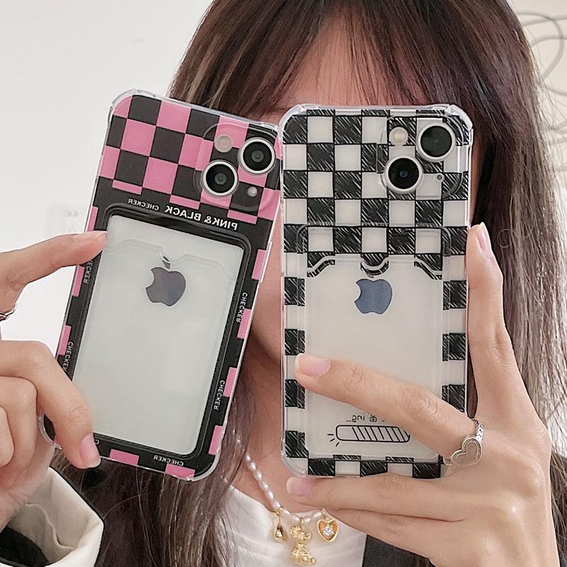 

Ins Решетка Печать Прозрачный TPU Силиконовый слот для карты Чехол для iPhone 13 11 12 Pro Max XS Max XR X XS 8 7 Plus SE Soft Clear Крышка держателя карты