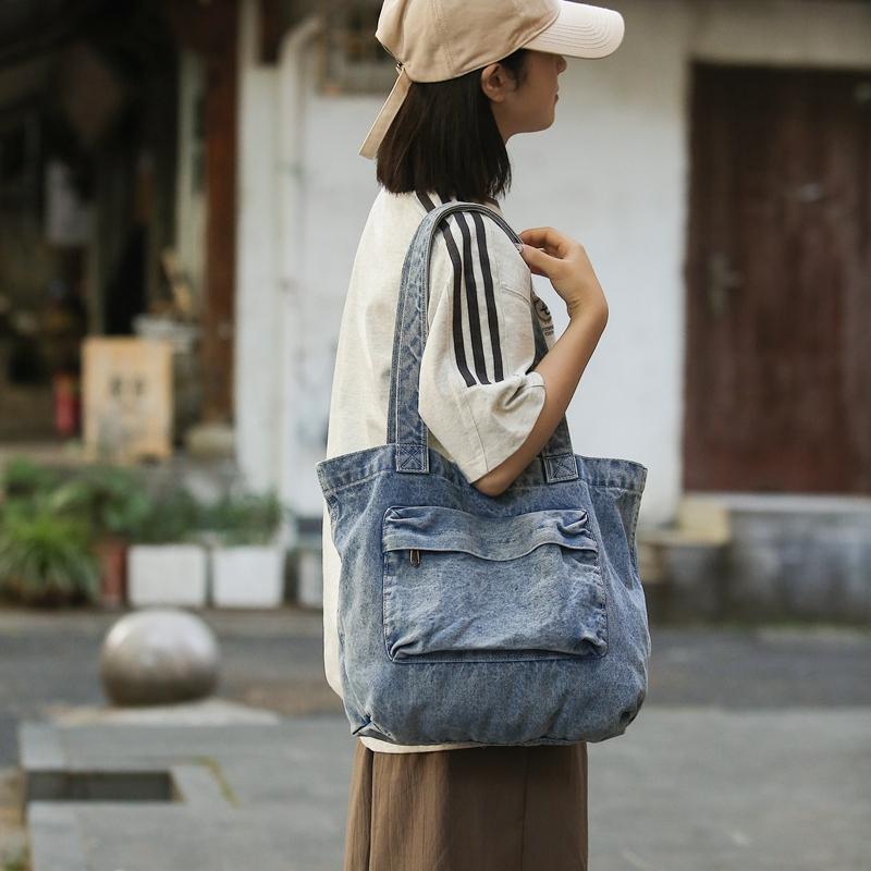 Classic Denim Tote Bag for Women – Lightweight & Durable with Front Zip Pocket, Perfect for Everyday Use