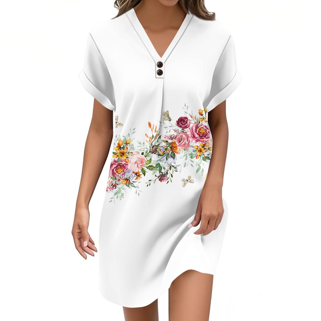 Women's V-neck Vintage Floral Print Pullover Casual Button Dress
