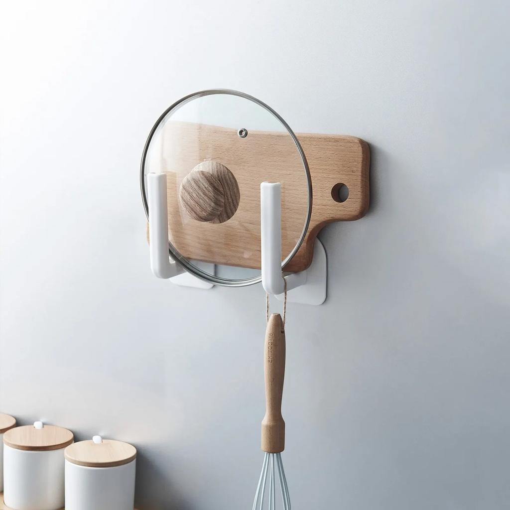 Traceless White Kitchen Pot Cover Cup Rack Holder Shelf Shelves - 2PCS Hole Free Hook Kitchen Rack