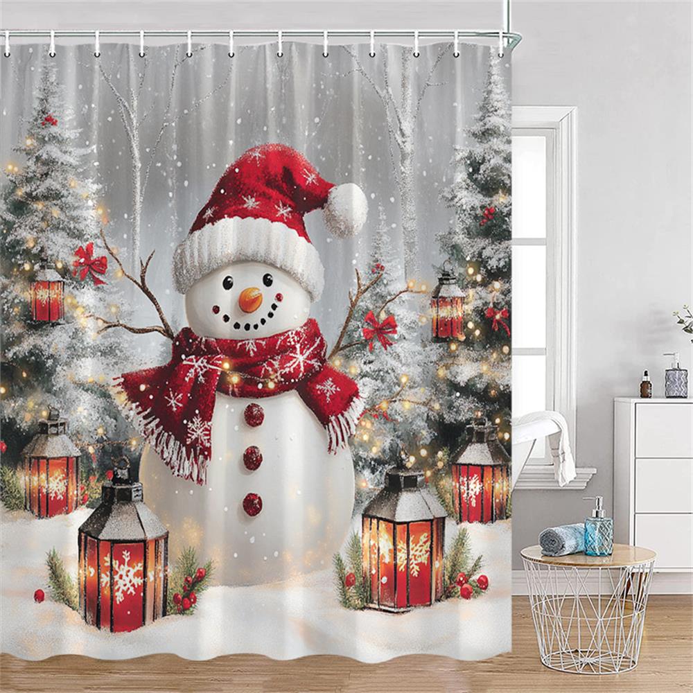 Christmas Snowman Shower Curtains Xmas Tree Gift Red Bird Winter Snowflake New Year Home Bathroom Decor Bath Curtain With Hooks