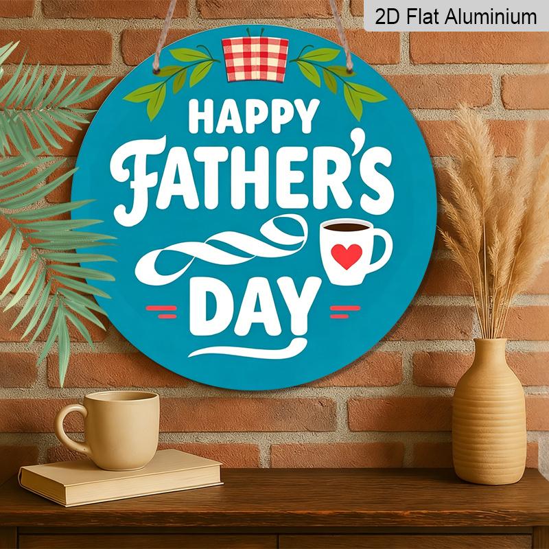 2D Flat, 1pc Round Aluminum "Happy Father's Day" Wall Decor, Retro Coffee & Plaid Pattern Metal Plaque, Waterproof & Rustproof, Perfect for Father's