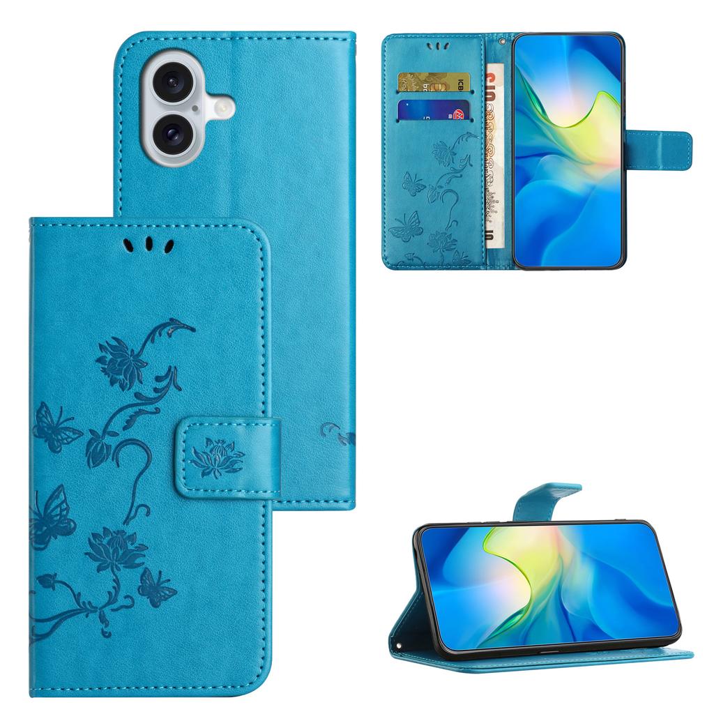 For iPhone 16 Plus Case PU Leather Wallet Phone Cover Butterfly Flower Pattern