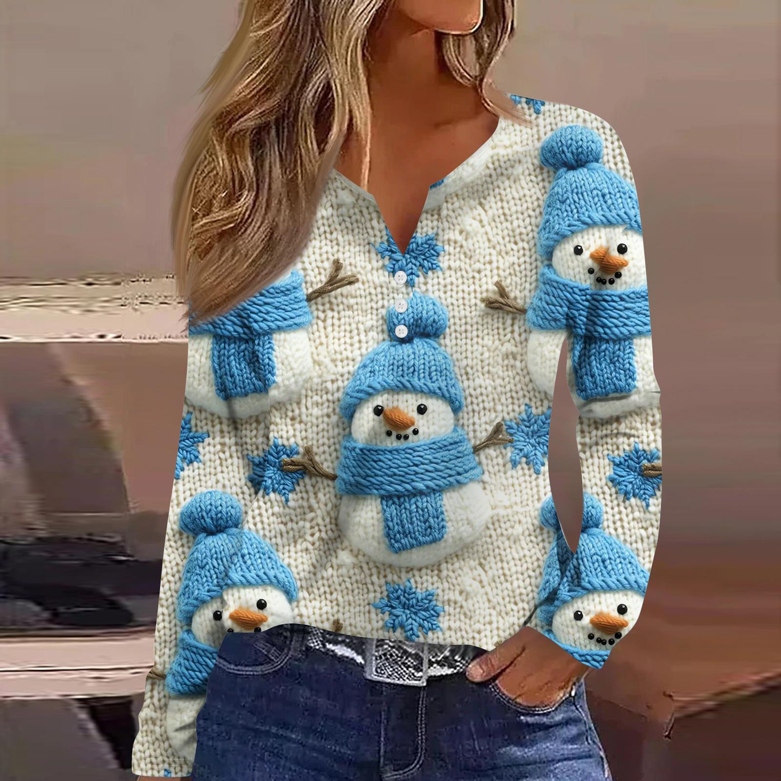 

Women s Fashion Casual V-Neck Button-Up Long-Sleeve T-Shirt With Christmas Print Top M