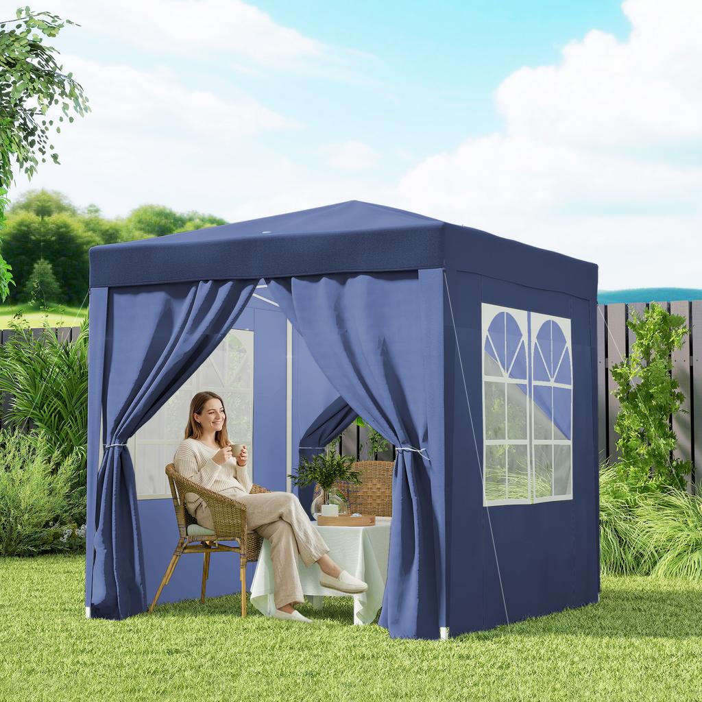 2x2 M Pop Up Gazebo With Curtain Walls And Windows Blue