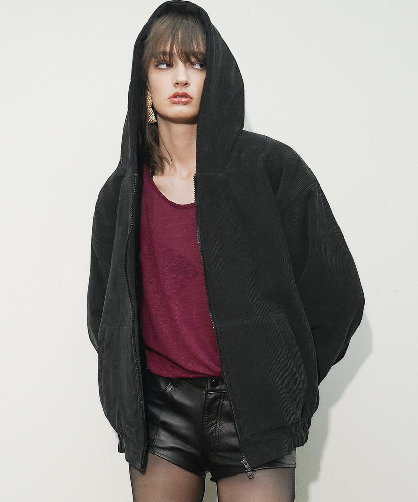 Untage Corduroy Oversized Zip-Up Hooded Jacket [Black(Unisex)]_Uto-Fh91
