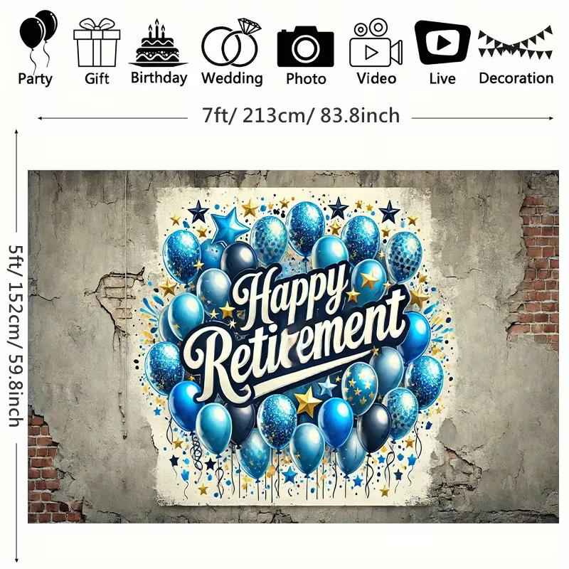 2D Happy Retirement Backdrop with Blue Balloons and Stars Party Background