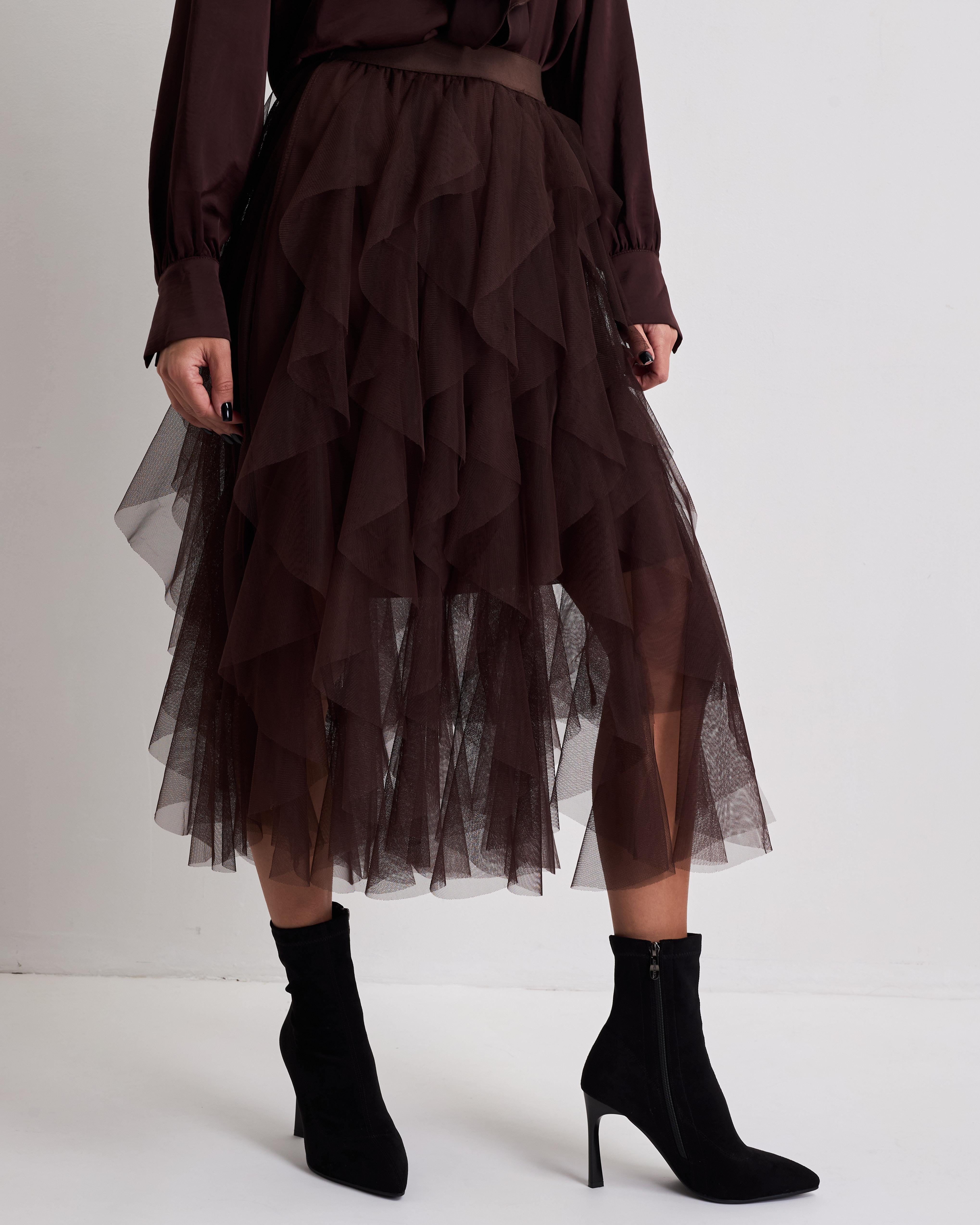 

Tulle maxi skirt with cascading ruffles MZR 4432 brown 1 коричневий