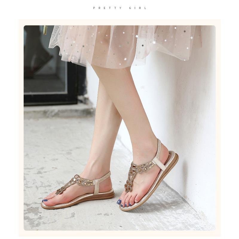 Women's Rhinestone Flower Thong Sandals Elastic Ankle Strap Comfort Flat Sandals