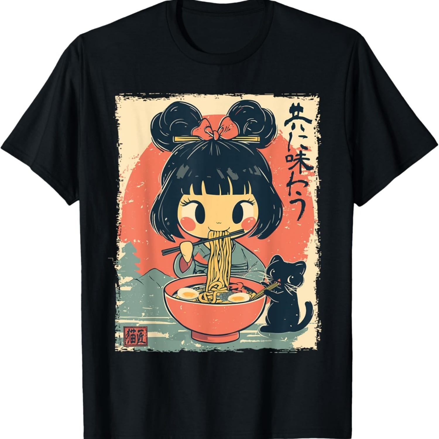 Cute Kawaii  Girl and Cat Eating Ramen Anime T-Shirt S чёрный