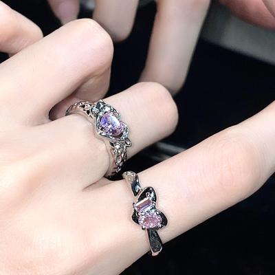 Niche Design Pink Love Zircon French Full Diamond Personalized Fold Stacking Open Ring High Sense Ring Woman
