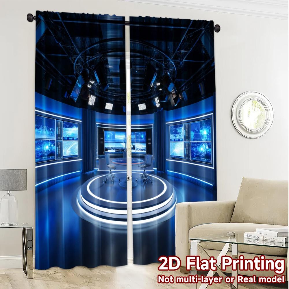 2pcs, 2D FLAT PRINTING Curtains (Without Rod) Studio Blue Popular Contemporary Curtains Versatile Polyester Curtains Decorations