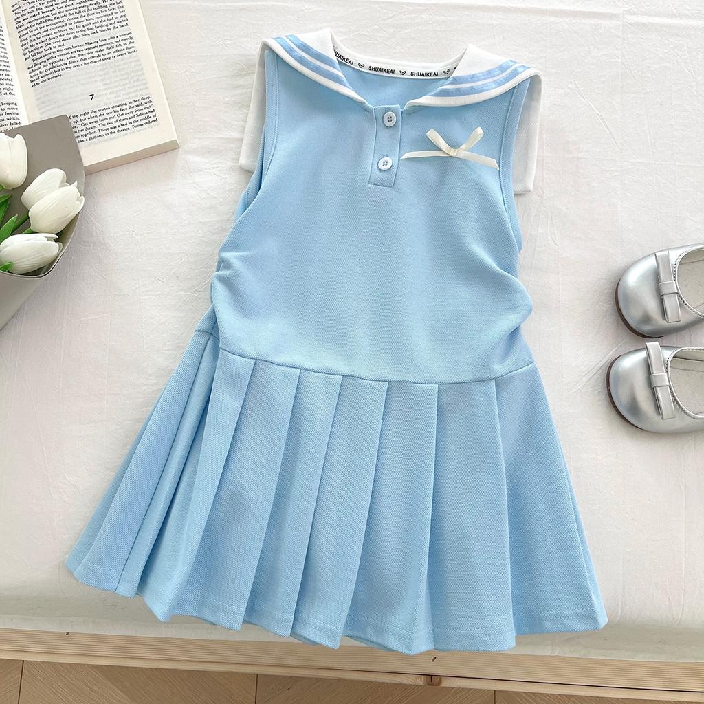 Girls Summer Preppy Bow Shirt And Pleated Skirt Set Fashionable Vest Dress Two Piece Outfit For Kids