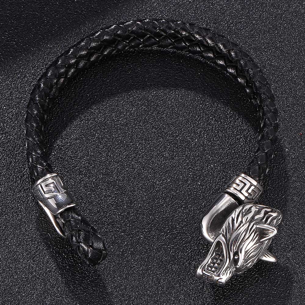 Punk Dobbeltlags Ekte Lær Armbånd Menn Sølvfarget Ulvehode Armringer Mote Smykker Gave