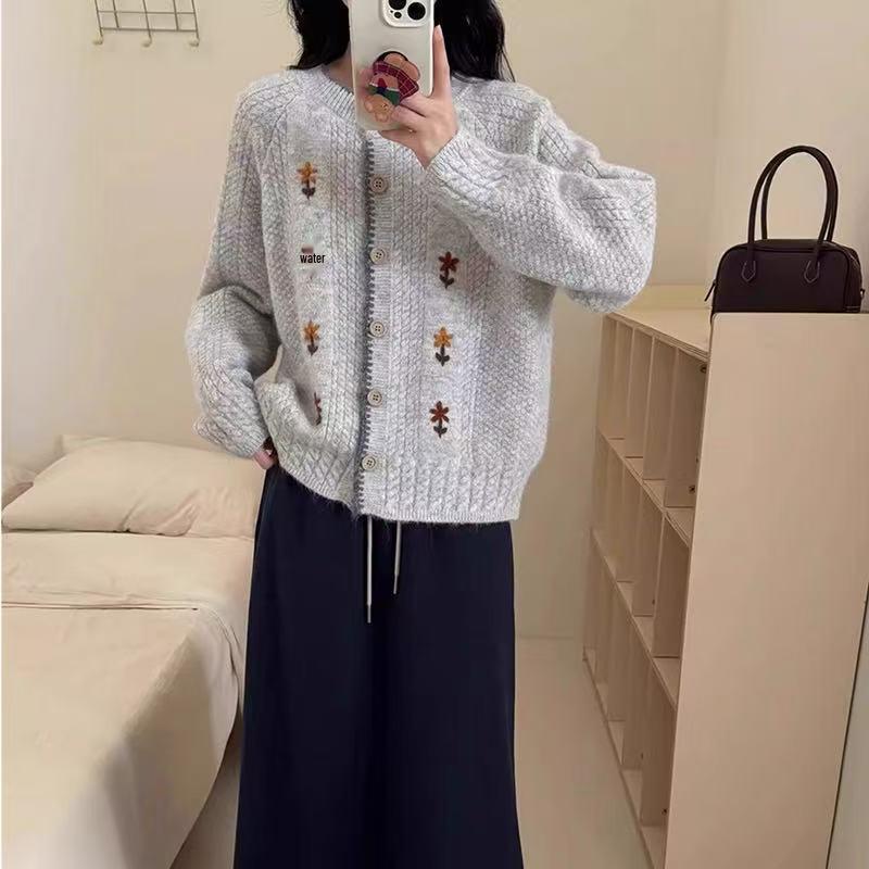 Japanese Soft Knit Round Neck Floral Embroidery Cardigan for Women - Autumn Winter Lazy Style Sweater Coat