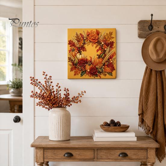 Funkelnde Herbstornamente Kürbis Kunst-Kit mit Kunstperlen, Herbstkranz Malerei Ernte Handgemachtes Bastelgeschenk 3D Perlen-Kit für Erwachsene Anfänger, Zuhause