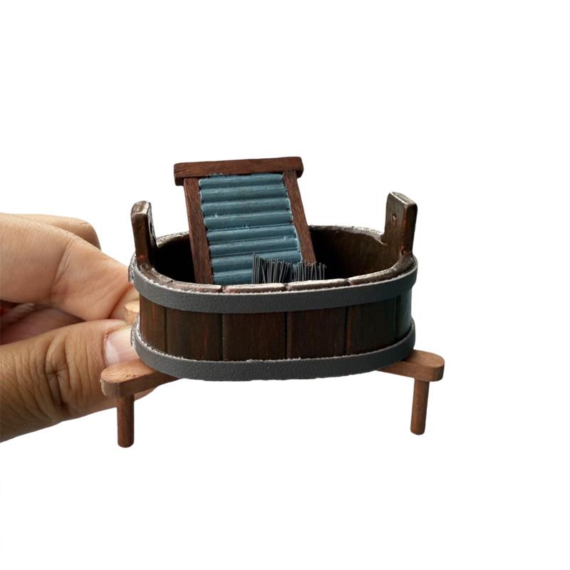 1:12 Dollhouse Miniature Wooden Barrel Washboard Brush Three-Piece Set Laundry Scene Micro Landscape Ornaments Pretend Play Toys