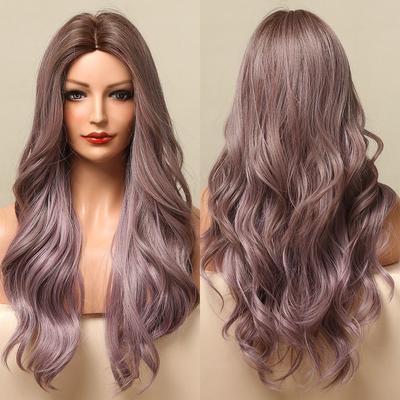 Pelucas sintéticas largas onduladas color marrón y morado degradado para mujer, para cosplay, fiesta, Lolita, cabello resistente al calor