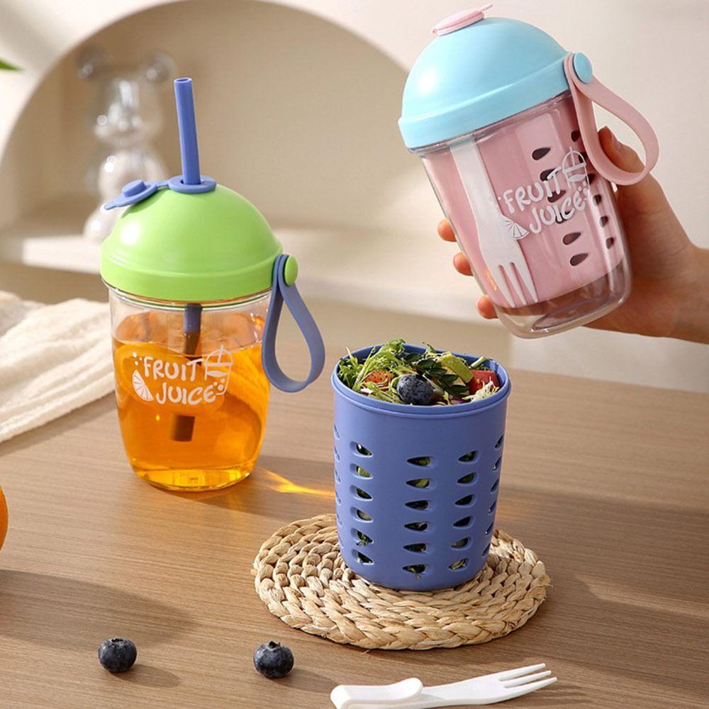New Double Wall Salad Cup With Fork&Straw Leak Proof Fruit Cup Drain Breakfast Cup