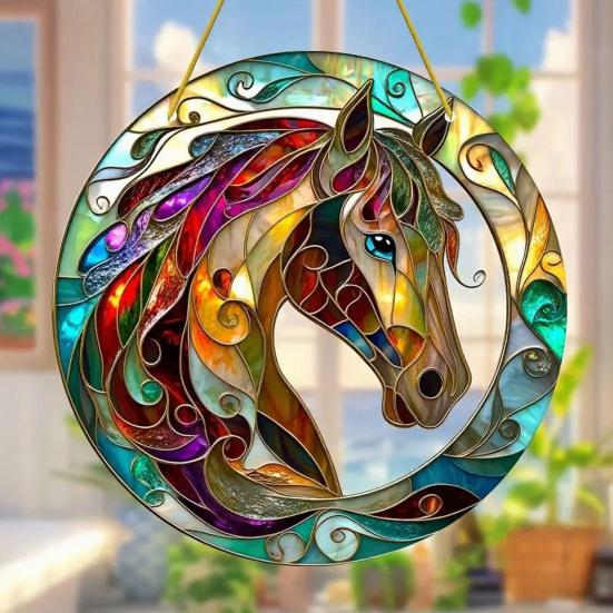 Acrylic Horse Suncatcher Stained Glass Effect Window Hanging Ornament Equestrian Gifts for Mom Grandma Women Horse Lovers