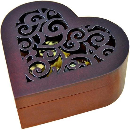 FnLy Antique Engraved Wooden Wind-Up Musical Box,Love Story Musical Box,with Gold-Plating Movement in,Heart-Shaped