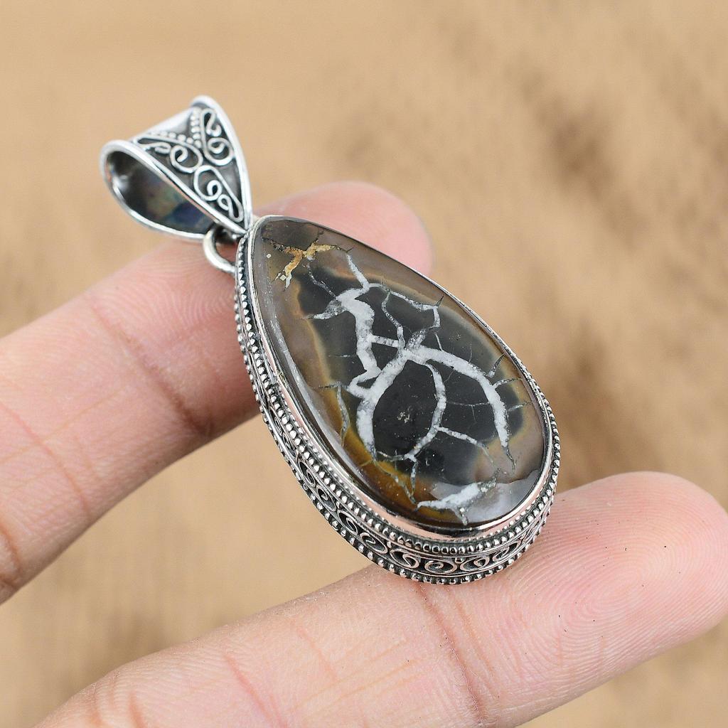 Srebro Próby 925 Marokański Błotny Pęknięty Kamień Fosylny Vintage Wisiorek Biżuteria