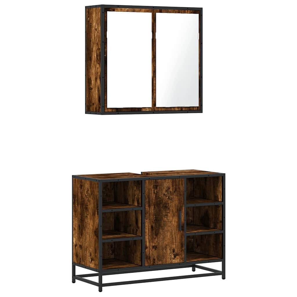 2 Piece Bathroom Furniture Set Smoked Oak Wood Based Material